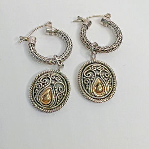 Signed BA Sterling Silver 18k Gold Hoop Earrings w/ Charm Byzantine Balinese